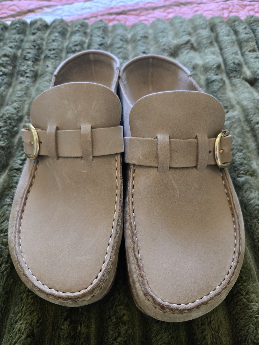 Birkenstock Beige Suede Mule Clogs with Gold Buckles